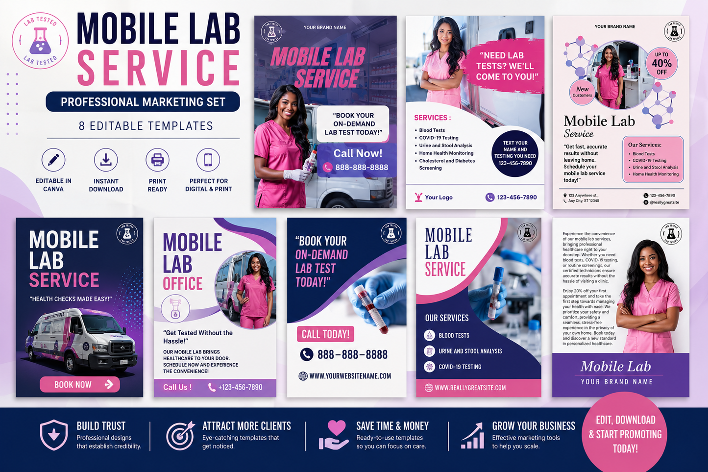Mobile Lab Service Marketing Bundle | 8 Editable Canva Templates | Healthcare Social Media Kit
