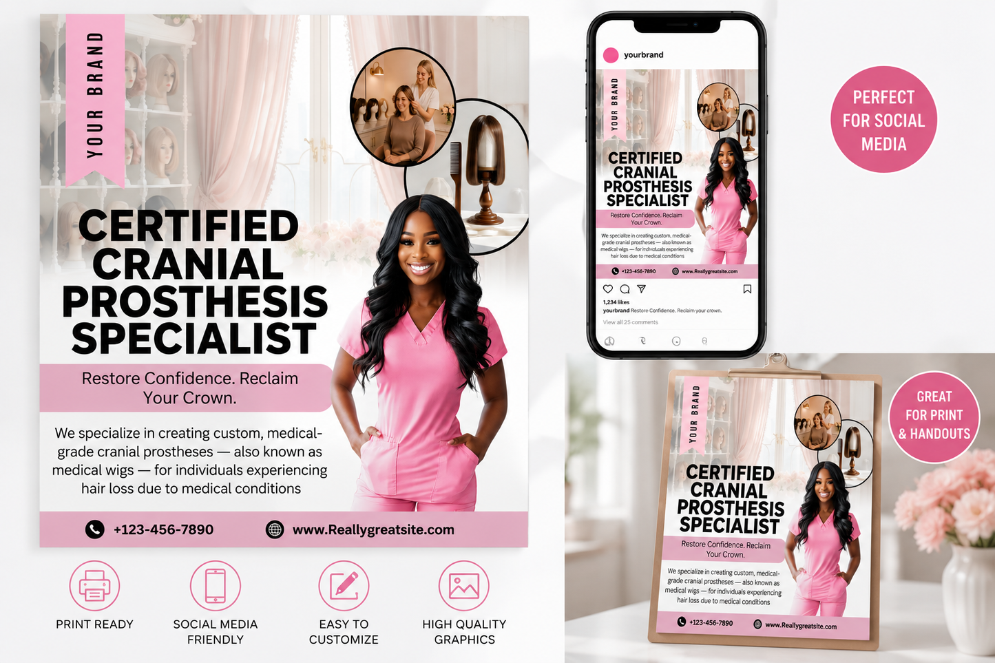Certified Cranial Prosthesis Specialist Flyer | Editable Canva Template | Medical Wig Marketing Flyer