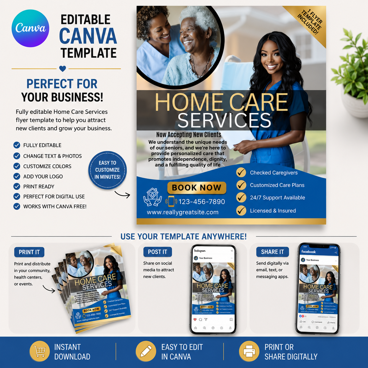 Blue Home Care Flyer Canva Template | Editable Senior Care Flyer | Home Healthcare Marketing Template | Instant Digital Download (Copy) (Copy)