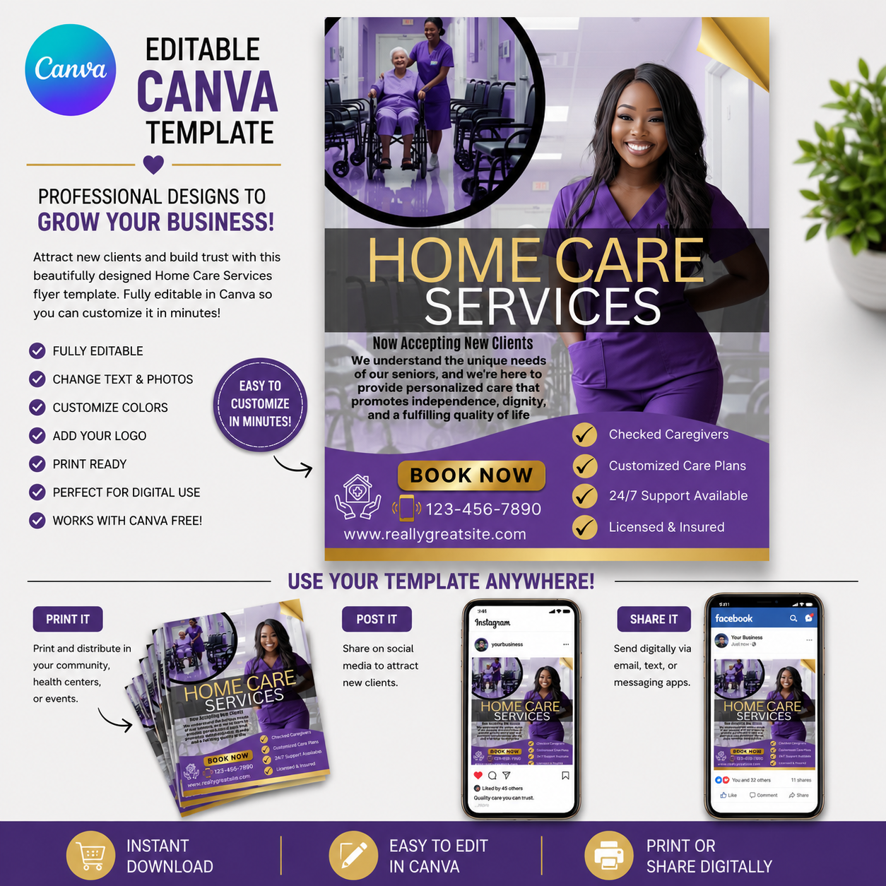 Purple Home Care Flyer Canva Template | Editable Senior Care Flyer | Home Healthcare Marketing Template | Instant Digital Download (Copy) (Copy) (Copy)