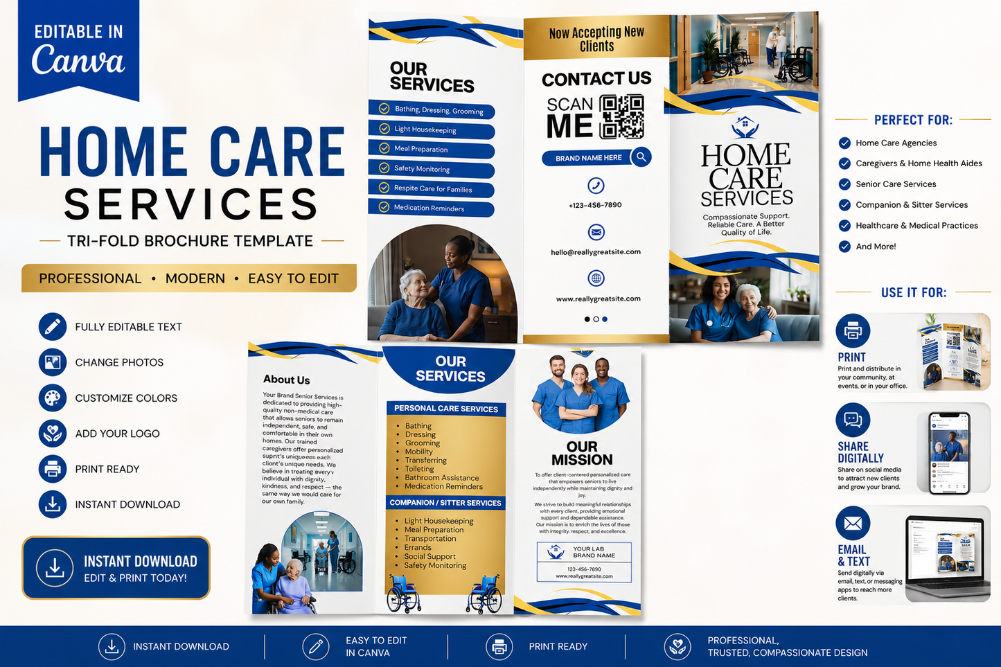 2-Page Home Care Tri-Fold Brochure Canva Template | Editable Healthcare Brochure | Instant Digital Download