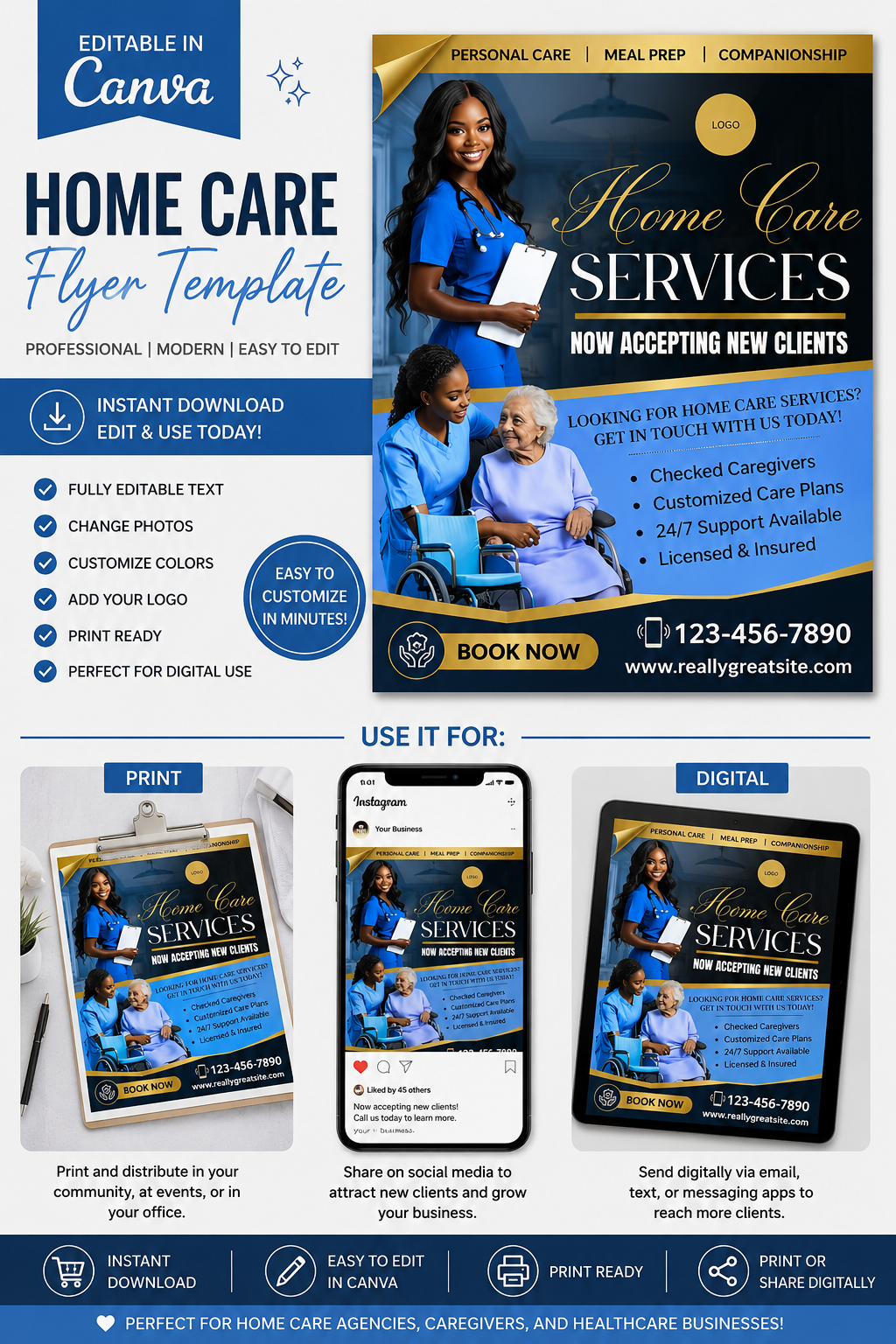 Blue Luxury Home Care Flyer Canva Template | 1 Editable Healthcare Marketing Flyer | Instant Digital Download (Copy)