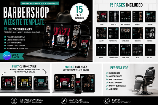 Modern Barbershop Website Canva Template