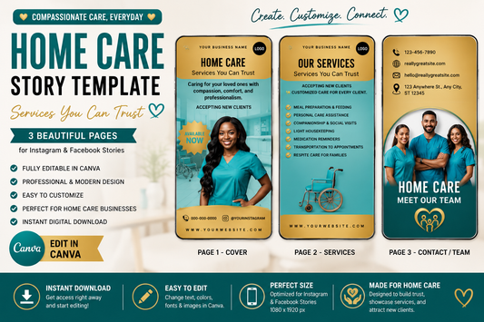 Home Care Instagram & Facebook Story Bundle | Editable Canva Templates | Social Media Marketing Kit