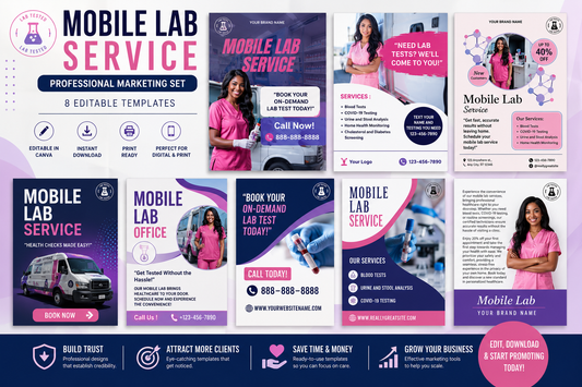 Mobile Lab Service Marketing Bundle | 8 Editable Canva Templates | Healthcare Social Media Kit