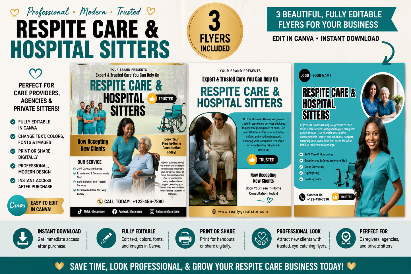 Respite Care & Hospital Sitters Flyer Bundle | Editable Canva Templates | Healthcare Marketing Flyers