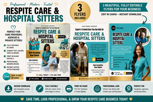 Respite Care & Hospital Sitters Flyer Bundle | Editable Canva Templates | Healthcare Marketing Flyers
