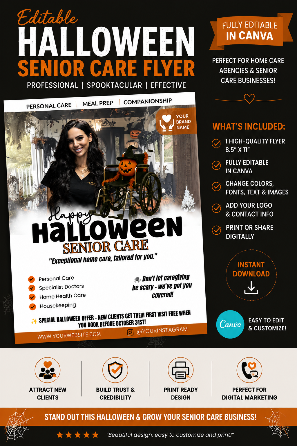 Halloween Senior Care Flyer | Editable Canva Template | Home Care Marketing Flyer
