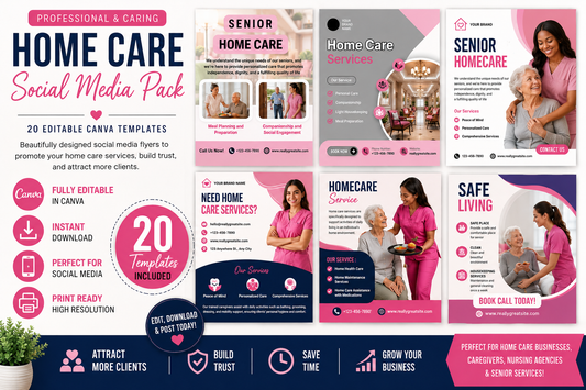 Home Care Social Media Flyer Bundle | 20 Editable Canva Templates | Healthcare Marketing Pack