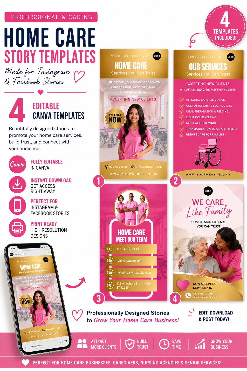 Home Care Instagram & Facebook Story Bundle | 4 Editable Canva Story Templates