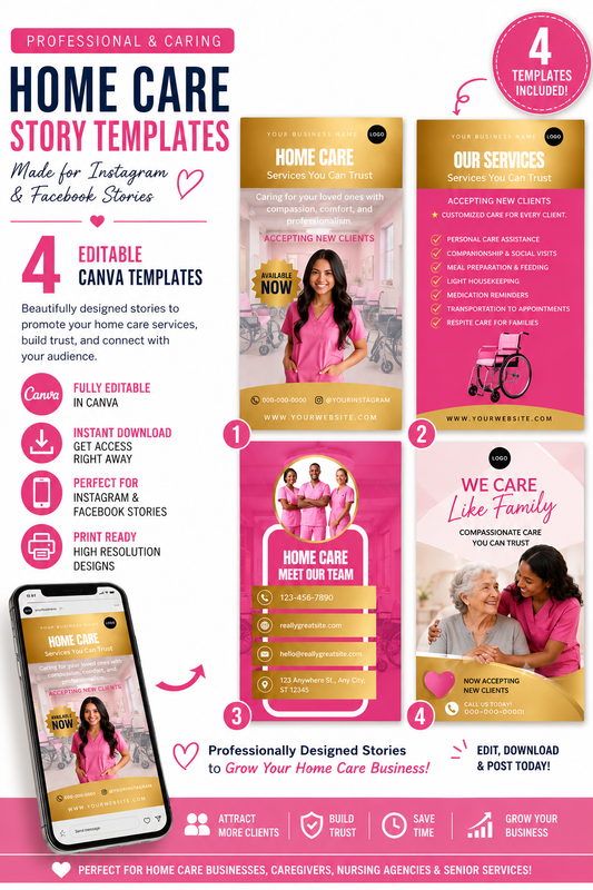 Home Care Instagram & Facebook Story Bundle | 4 Editable Canva Story Templates