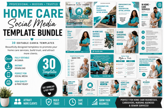 Home Care Social Media Flyer Bundle | 30 Editable Canva Templates | Healthcare Marketing Pack
