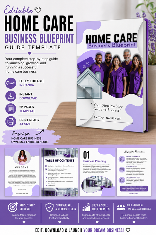 Home Care Business Blueprint Guide Template | Editable Canva eBook | Business Planning Workbook