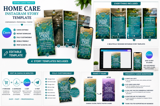 Home Care Instagram Story Canva Template | Editable Senior Care Social Media Templates | Home Healthcare Marketing | Instant Download