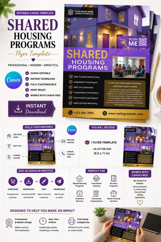 Shared Housing Flyer Canva Template | Editable Transitional Housing & Independent Living Flyer | Instant Digital Download