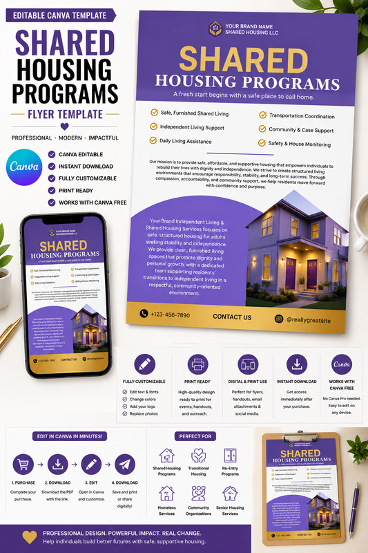 Shared Housing Flyer Canva Template | Editable Independent Living Flyer | Instant Digital Download