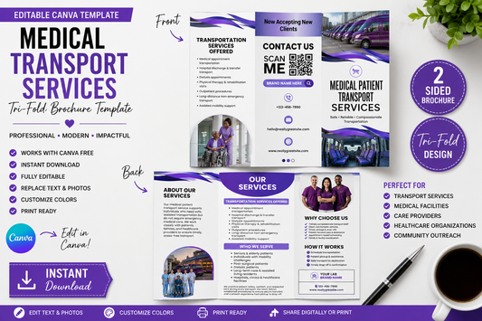 Medical Patient Transport Tri-Fold Brochure Canva Template | Editable Healthcare Brochure | Instant Digital Download