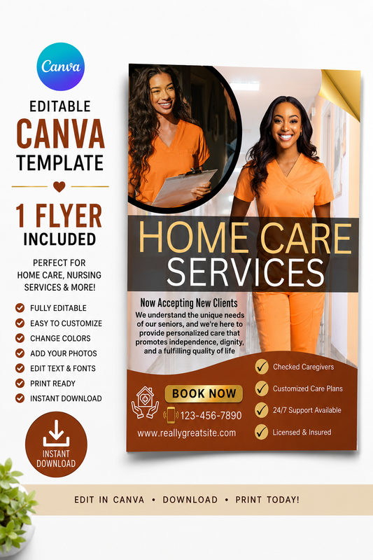 Orange Home Care Flyer Canva Template | Editable Senior Care Flyer | Home Healthcare Marketing Template | Instant Digital Download
