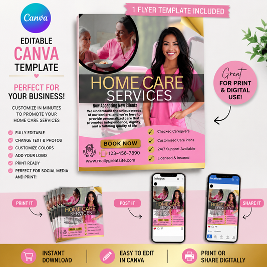 Pink Home Care Flyer Canva Template | Editable Senior Care Flyer | Home Healthcare Marketing Template | Instant Digital Download (Copy)