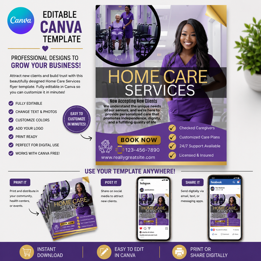 Purple Home Care Flyer Canva Template | Editable Senior Care Flyer | Home Healthcare Marketing Template | Instant Digital Download (Copy) (Copy) (Copy)
