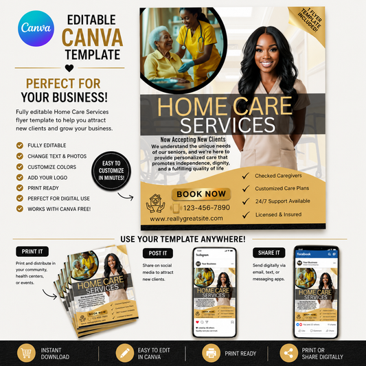 Gold Home Care Flyer Canva Template | Editable Senior Care Flyer | Home Healthcare Marketing Template | Instant Digital Download (Copy) (Copy) (Copy) (Copy)