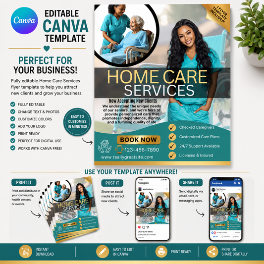 Turquoise Home Care Flyer Canva Template | Editable Senior Care Flyer | Home Healthcare Marketing Template | Instant Digital Download (Copy) (Copy) (Copy) (Copy) (Copy)