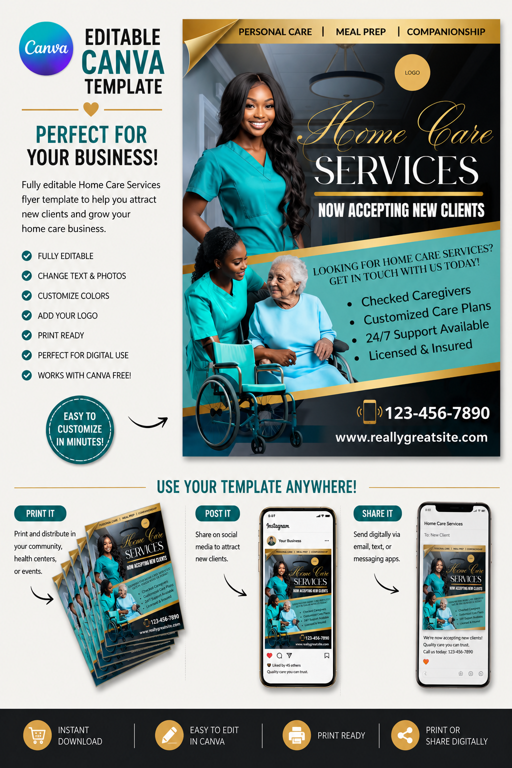 Luxury Home Care Flyer Canva Template | 1 Editable Healthcare Marketing Flyer | Instant Digital Download