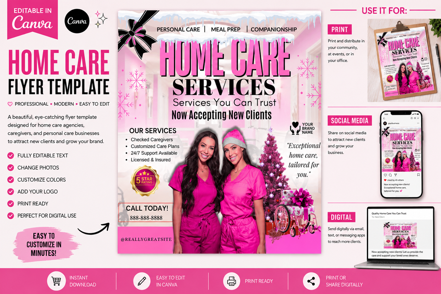 1 Christmas Home Care Flyer Canva Template | Editable Holiday Healthcare Marketing Flyer | Instant Digital Download