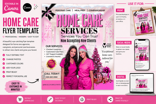 1 Christmas Home Care Flyer Canva Template | Editable Holiday Healthcare Marketing Flyer | Instant Digital Download