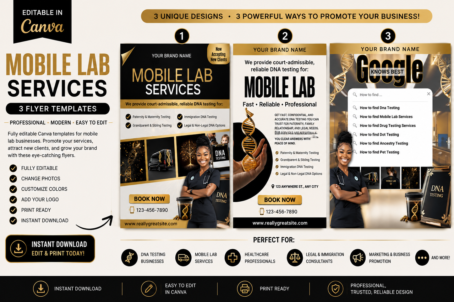 3 Mobile Lab Flyer Canva Templates | Editable DNA Testing Marketing Flyers | Instant Digital Download