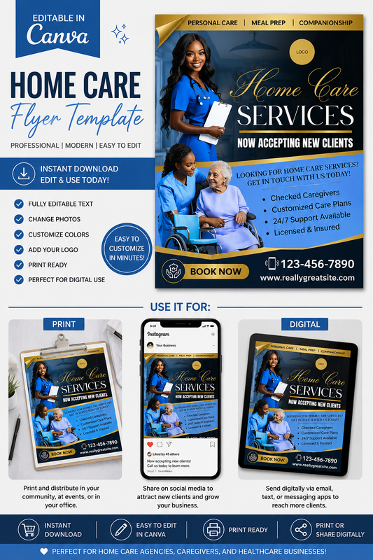 Blue Luxury Home Care Flyer Canva Template | 1 Editable Healthcare Marketing Flyer | Instant Digital Download (Copy)